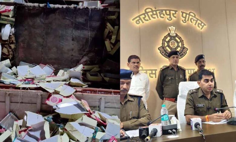 नरसिंहपुर-में-पुलिस-का-बड़ा-खुलासा:-मिठाई-के-डिब्बों-के-नीचे-बने-गुप्त-बंकर-से-50-लाख-की-अवैध-शराब-बरामद