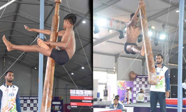 गांधी-स्टेडियम-अंबिकापुर-में-मल्लखंभ-का-भव्य-शुभारंभ,-खेलो-इंडिया-ट्राइबल-गेम्स-2026-में-पारंपरिक-खेलों-का-दमदार-प्रदर्शन