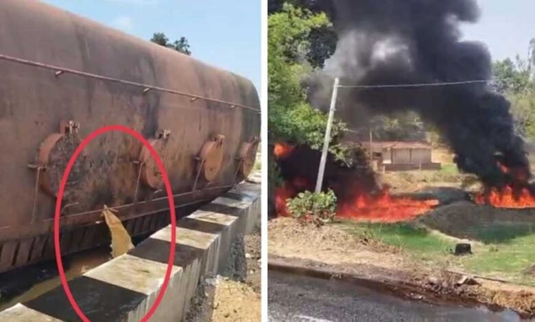 अंबिकापुर-बनारस मार्ग पर राइस ब्रान तेल से भरा टैंकर पलटा, बहते तेल में लगी भीषण आग